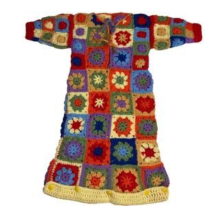 VTG 1970s Handmade Crochet Granny Square Rainbow Baby Gown Robe 0-6M Folk Art